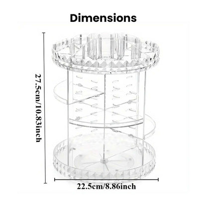 Dimensions of crystal clear 360 rotating makeup organizer: 27.5cm H x 22.5cm W. A top rotating cosmetic organiser.