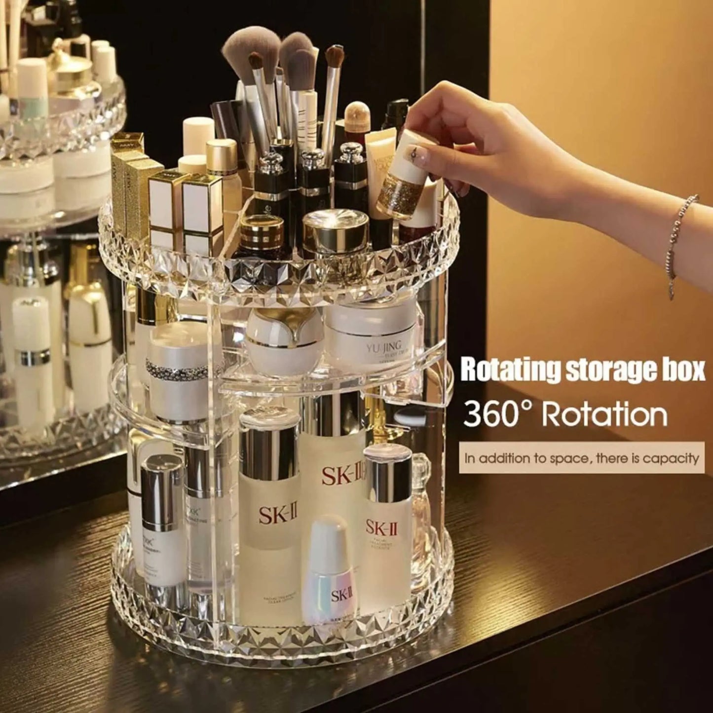Rotating beauty organizer full of cosmetics on a vanity. This spinning makeup organizer elevates any space.