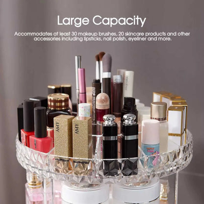 Close-up: Top tier of a 360 rotating makeup organizer filled with lipsticks & brushes. Essential rotating skincare organiser.