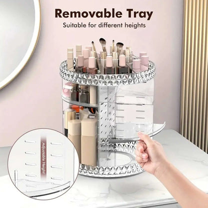 Adjusting a tray in the rotating cosmetic organiser. Flexible storage for your best 360 rotating makeup organizer.