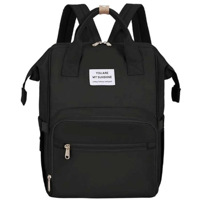 Large capacity diaper bag backpack, waterproof nappy bag, featuring top handles and organized compartments for travel.