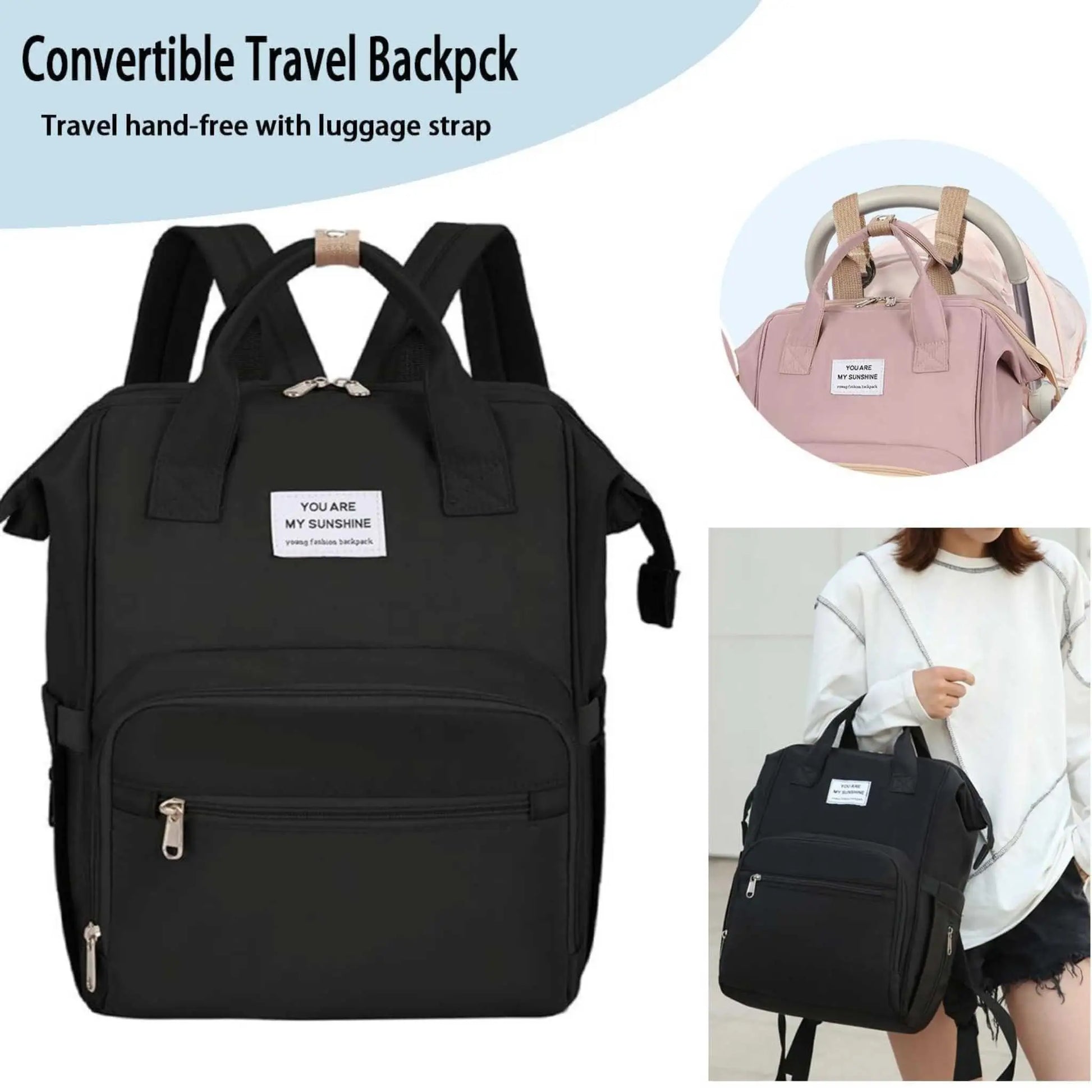 Travel diaper bag backpack, perfect for mom and dad, shown worn and attached to luggage for convenient travel.