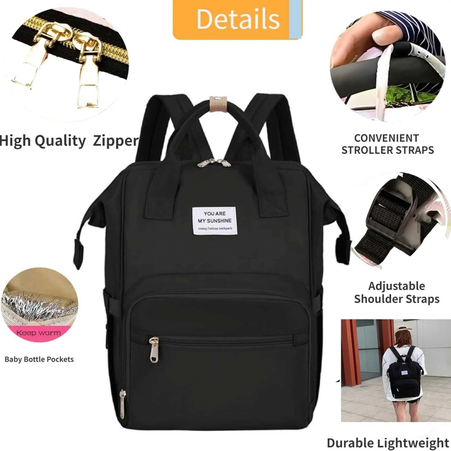 Backpack and diaper bag features: waterproof, insulated pockets, stroller straps, and adjustable straps for comfort.