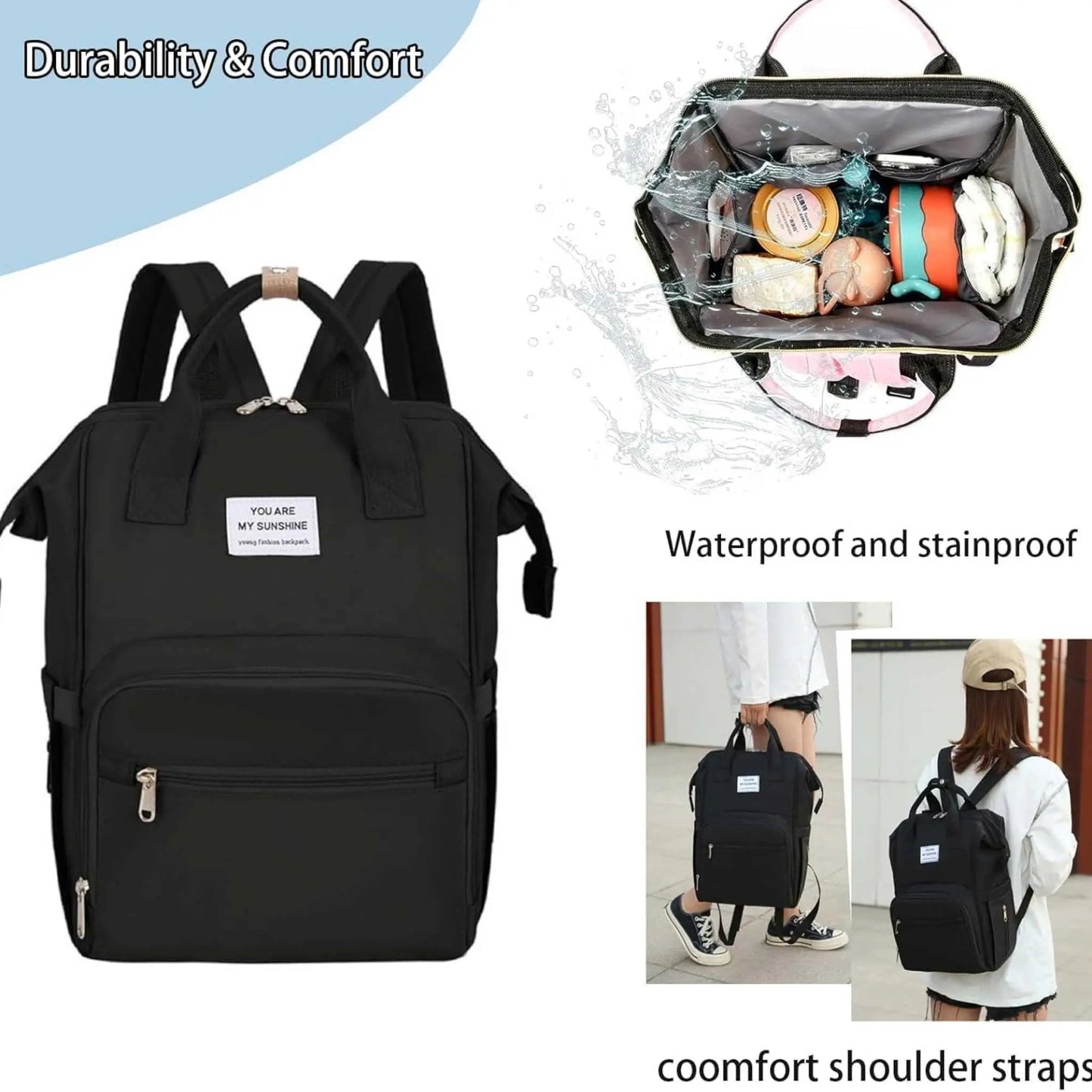 Waterproof nappy bag with durable, stainproof lining, protecting contents, ideal as a large diaper backpack.