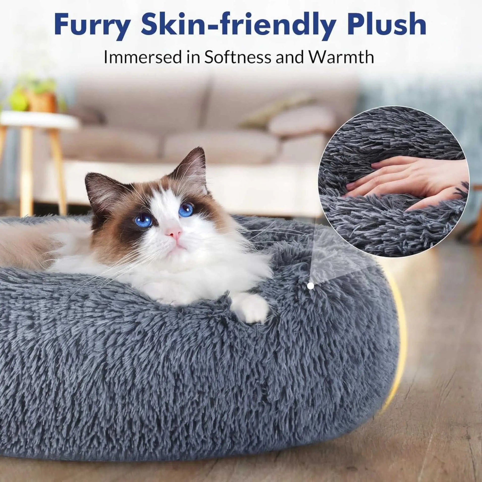 Ragdoll cat in a plush donut cat bed. Experience the best cat donut bed with ultra-soft, cozy material.
