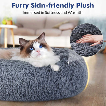Ragdoll cat in a plush donut cat bed. Experience the best cat donut bed with ultra-soft, cozy material.