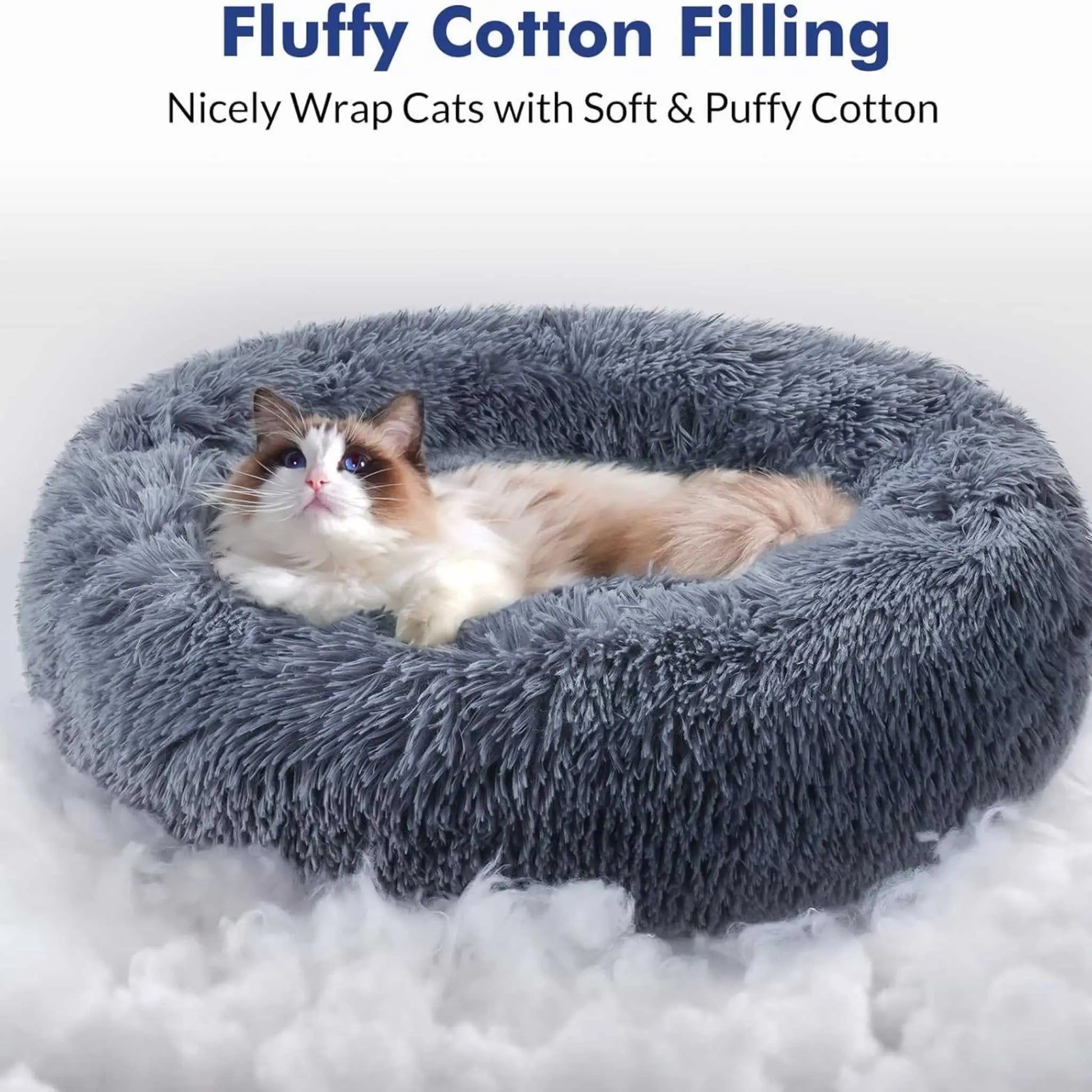Fluffy donut cat bed with a Ragdoll cat. This cozy donut cat bed provides a luxurious and secure resting spot.