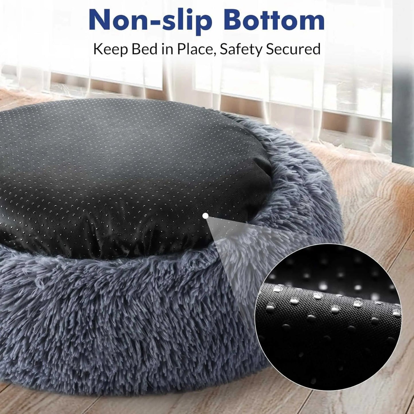 Close-up of the underside of a grey donut cat bed, showing non-slip grips for stability. Ideal cozy donut cat bed.