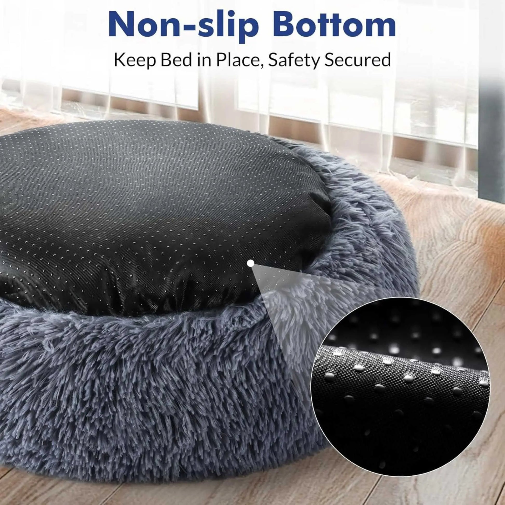 Close-up of the underside of a grey donut cat bed, showing non-slip grips for stability. Ideal cozy donut cat bed.