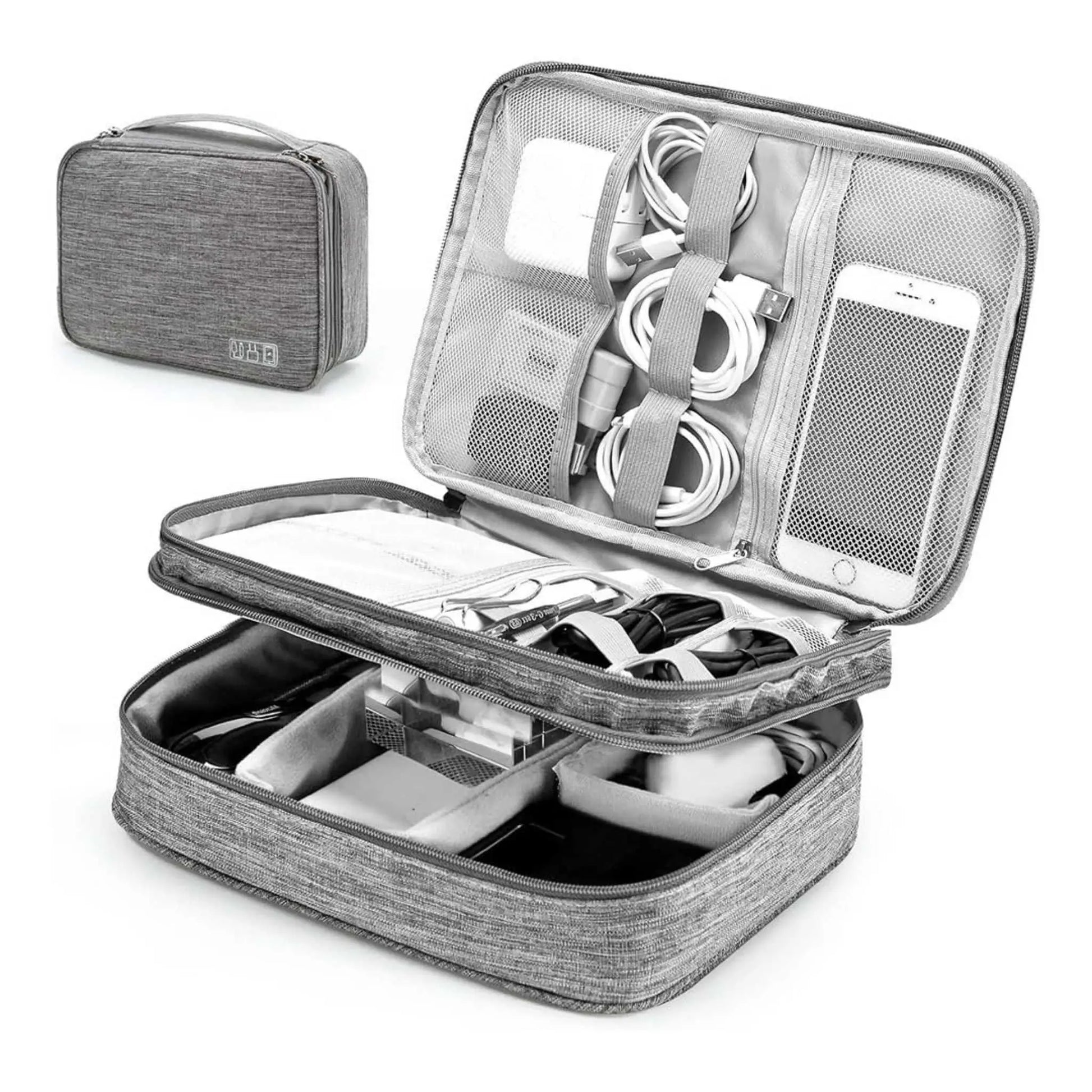 Open grey cable organizer bag showing double-layer compartments for electronics, cables, and phone; a perfect travel case for electronics.