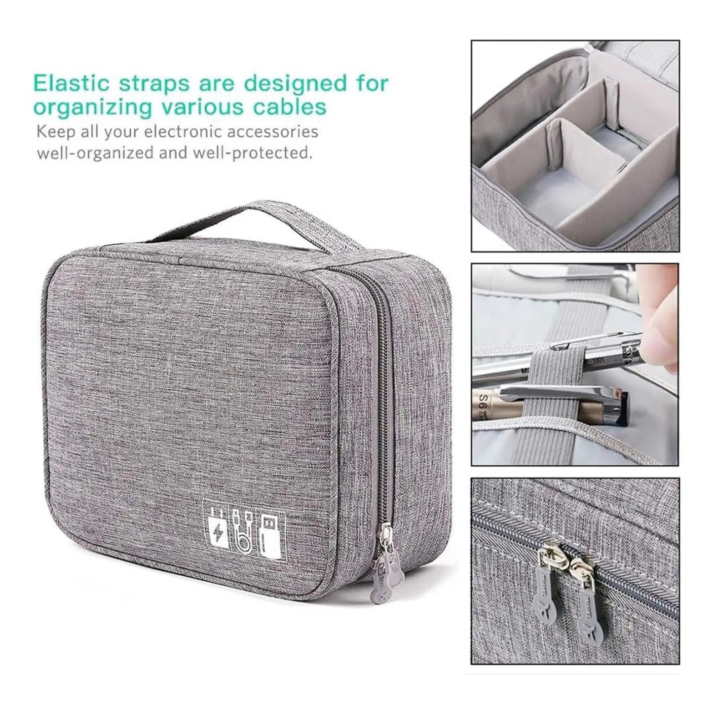 Grey travel cord organizer case close-up: padded dividers, elastic cable straps, double zippers; secure cable storage bag.