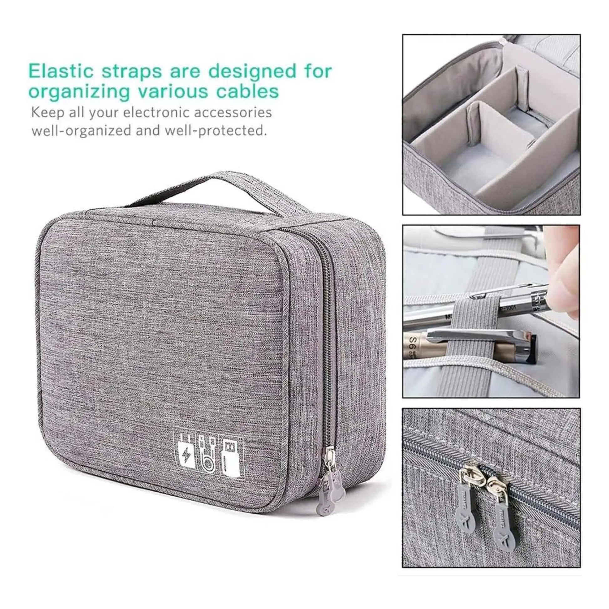Grey travel cord organizer case close-up: padded dividers, elastic cable straps, double zippers; secure cable storage bag.