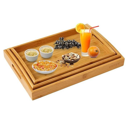 Set of 2 bamboo wood serving trays with handles, ideal coffee and tea tray for snacks and breakfast.