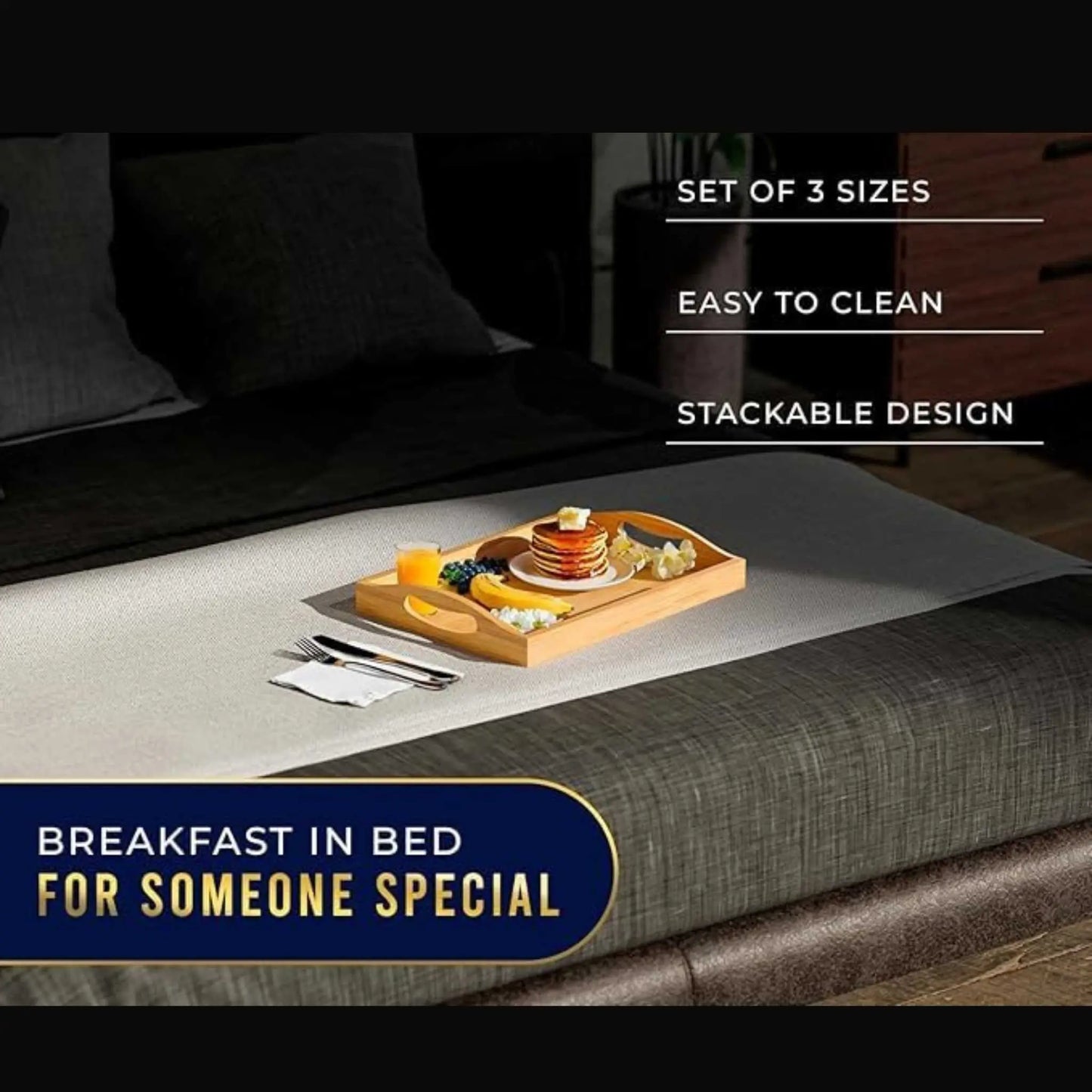 Bamboo wood tray for breakfast in bed service, part of a versatile serving tray set.