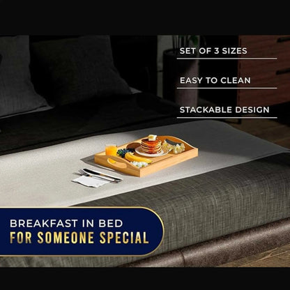 Bamboo wood tray for breakfast in bed service, part of a versatile serving tray set.