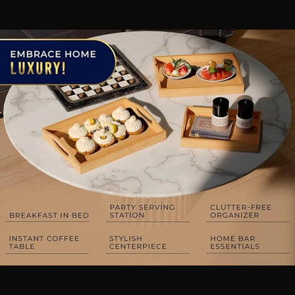 Three bamboo wood serving tray set sizes for snacks and organization, a versatile tray set.