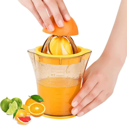 Hands using a manual lemon squeezer to extract juice from an orange, highlighting this citrus juice squeezer for fresh flavor.