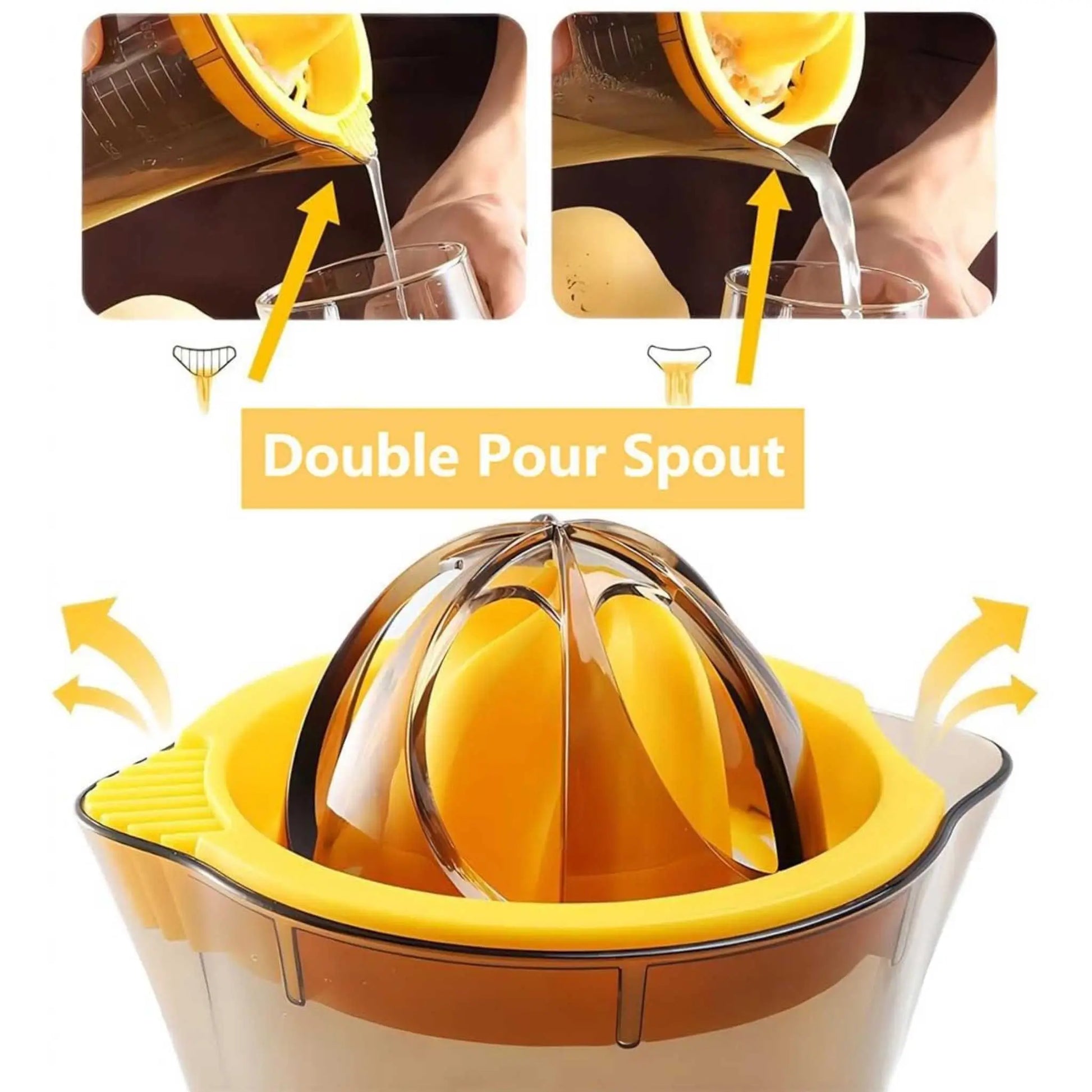 Close-up of the manual citrus juicer, showcasing its durable design and double pour spouts for effortless lemon juice extraction.