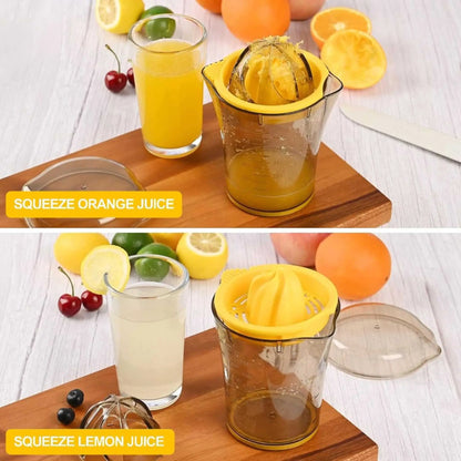 Dual-panel image: top shows manual citrus juicer for orange juice, bottom for lemon juice, proving it's the best lemon squeezer.