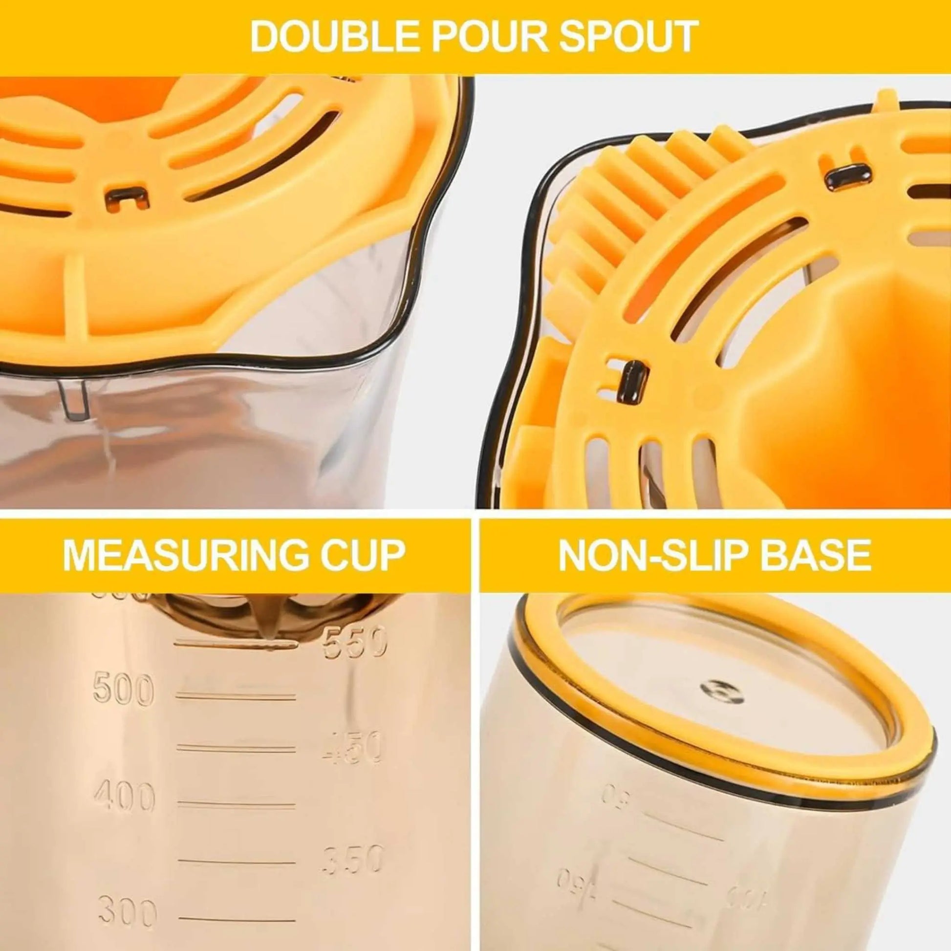 Key features of the best citrus squeezer: double pour spout, measuring cup, and non-slip base for easy lemon juice extraction.