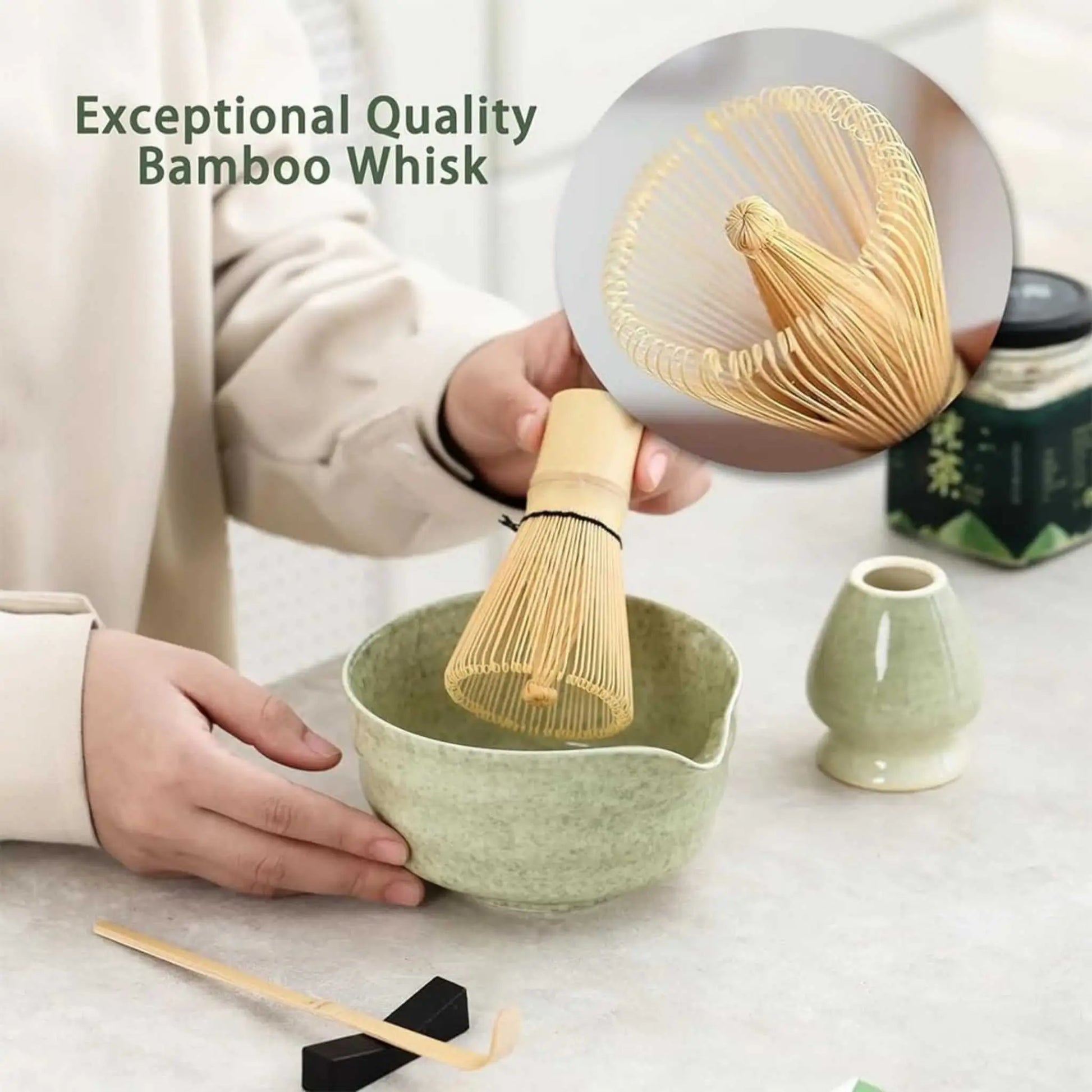 Crafting best japanese matcha with a bamboo whisk over a ceramic bowl. Essential matcha tea whisk set component.
