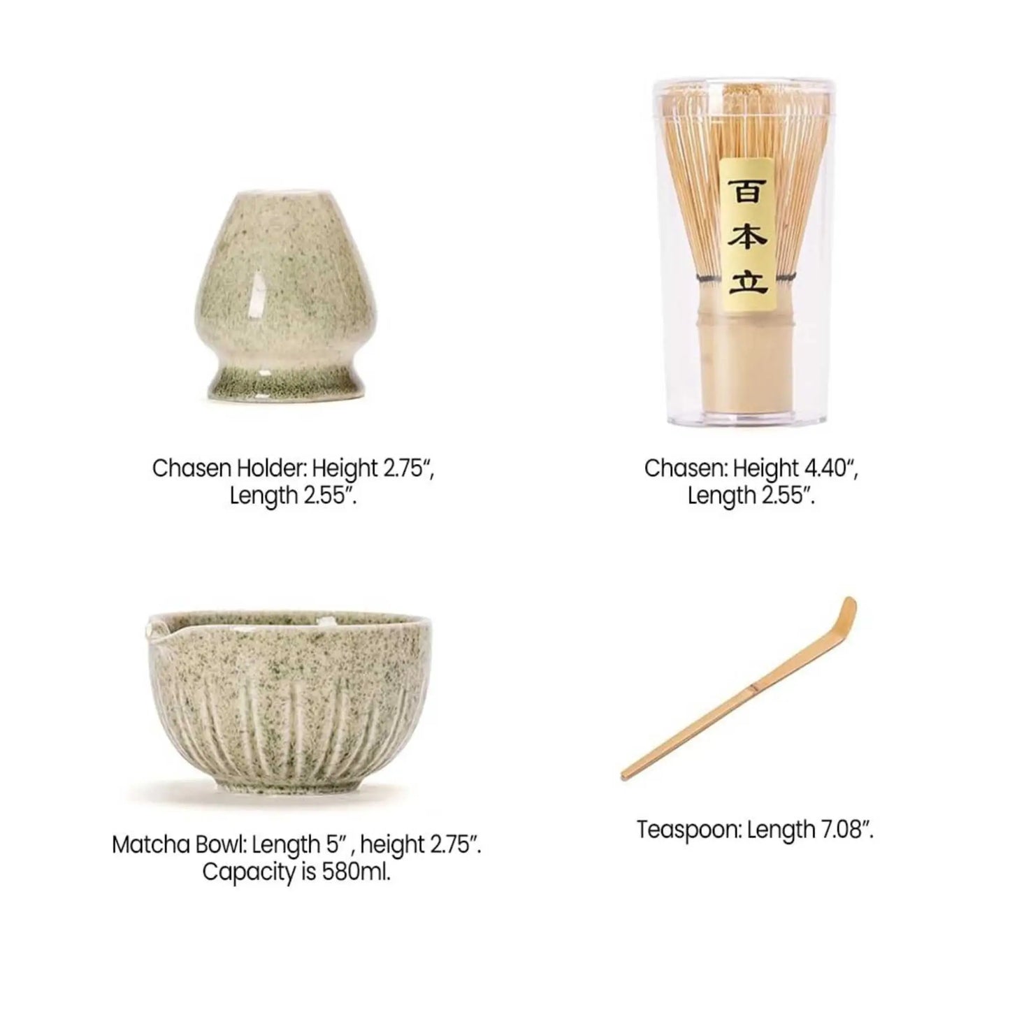 Japanese matcha tea set details: 580ml bowl, whisk, scoop, holder. The best matcha tea set for gifting.