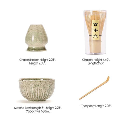 Japanese matcha tea set details: 580ml bowl, whisk, scoop, holder. The best matcha tea set for gifting.