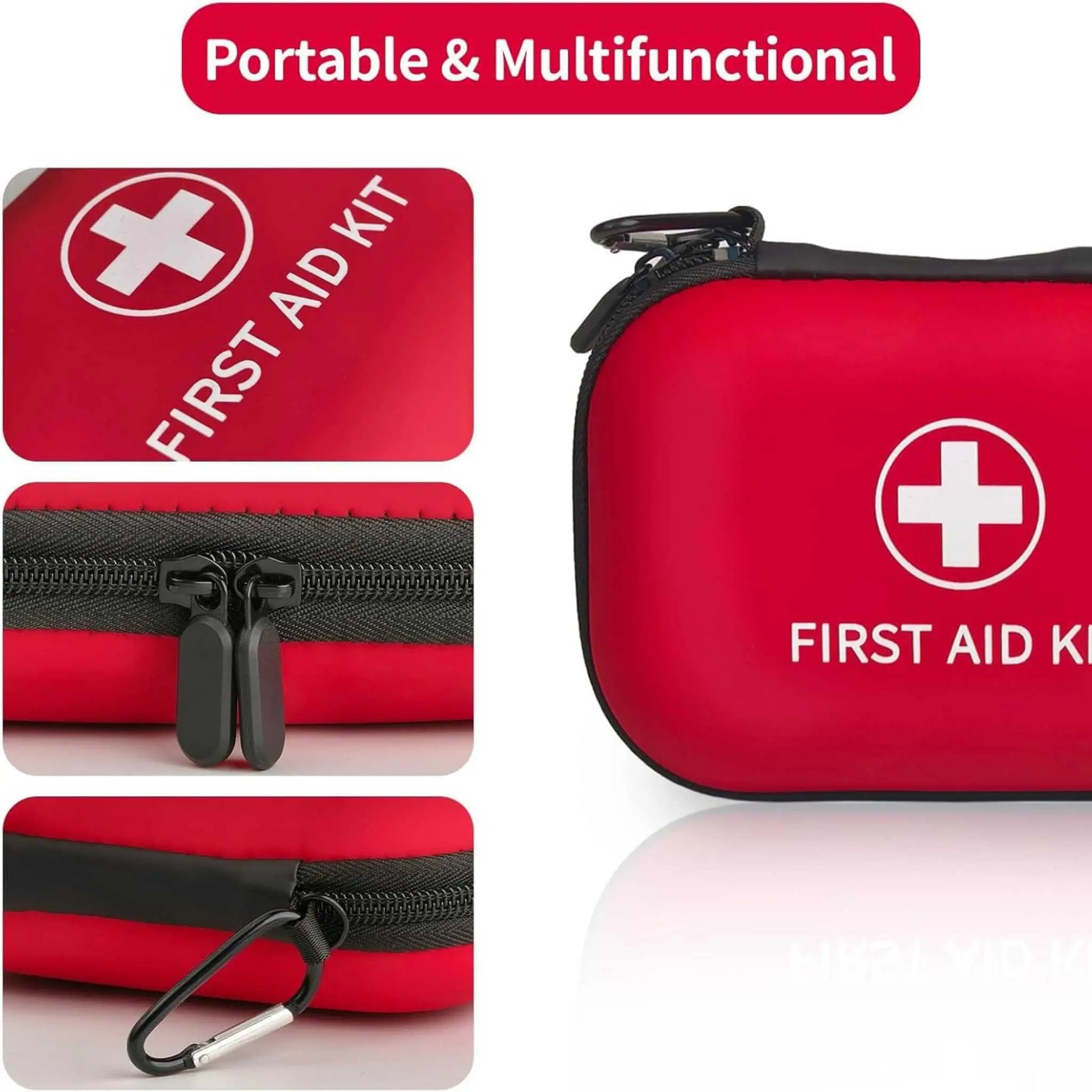 Durable red first aid kit with zipper and clip. A reliable aid kit for preparedness.