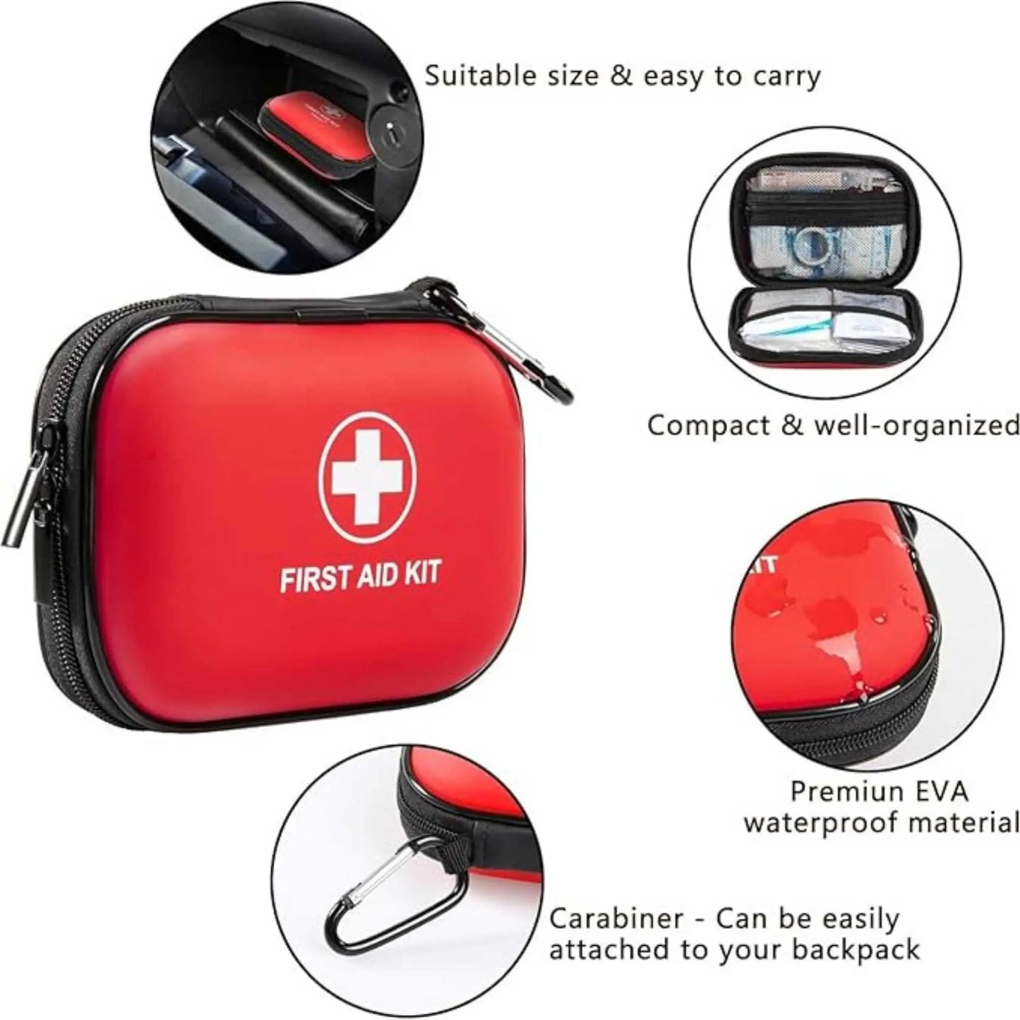 Compact red first aid kit features: clip, waterproof EVA. A versatile aid kit.