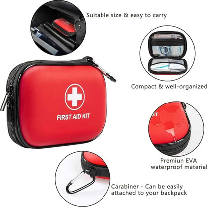Compact red first aid kit features: clip, waterproof EVA. A versatile aid kit.