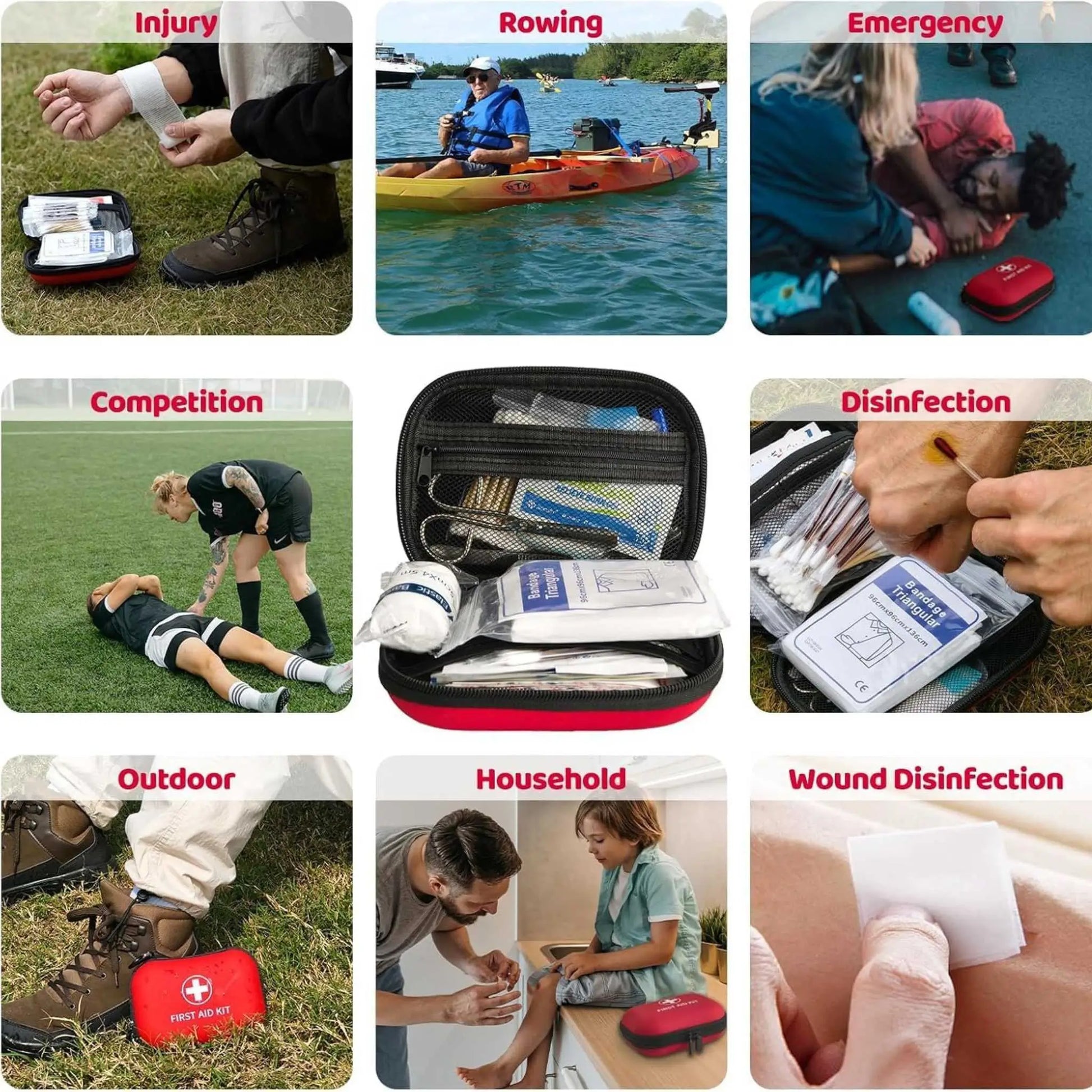Collage of contents and uses for the comprehensive first aid kit set. Medical kit for any situation.