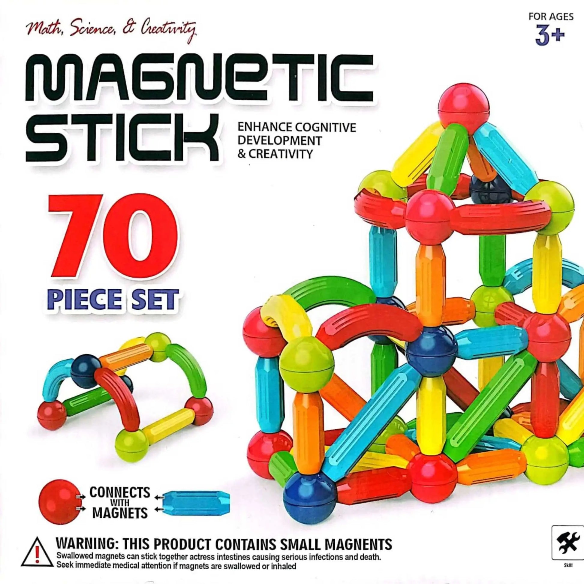 70 PCS Magnetic Sticks STEM Toy: Box art showcases vibrant 3D magnetic building structures made with magnetic sticks & spheres.