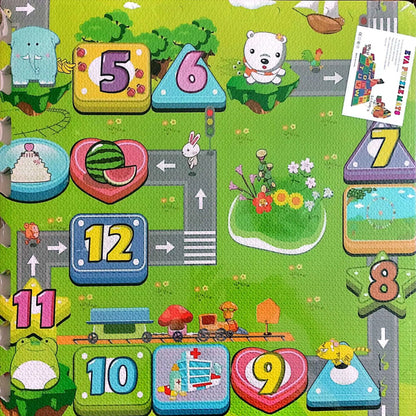 Childrens play mat foam: numbered puzzle pieces, roads, and animals. Large childrens play mat for secure newborn play.