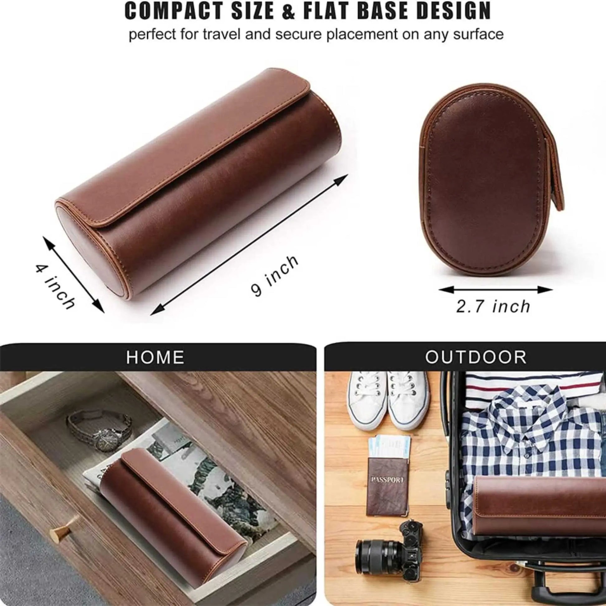3 watch roll travel case in brown PU leather, demonstrating compact storage for drawers and luggage.