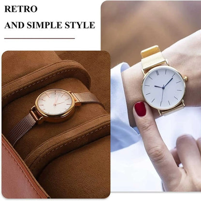 Gold wristwatch in a brown watch roll case leather, also shown worn on wrist.