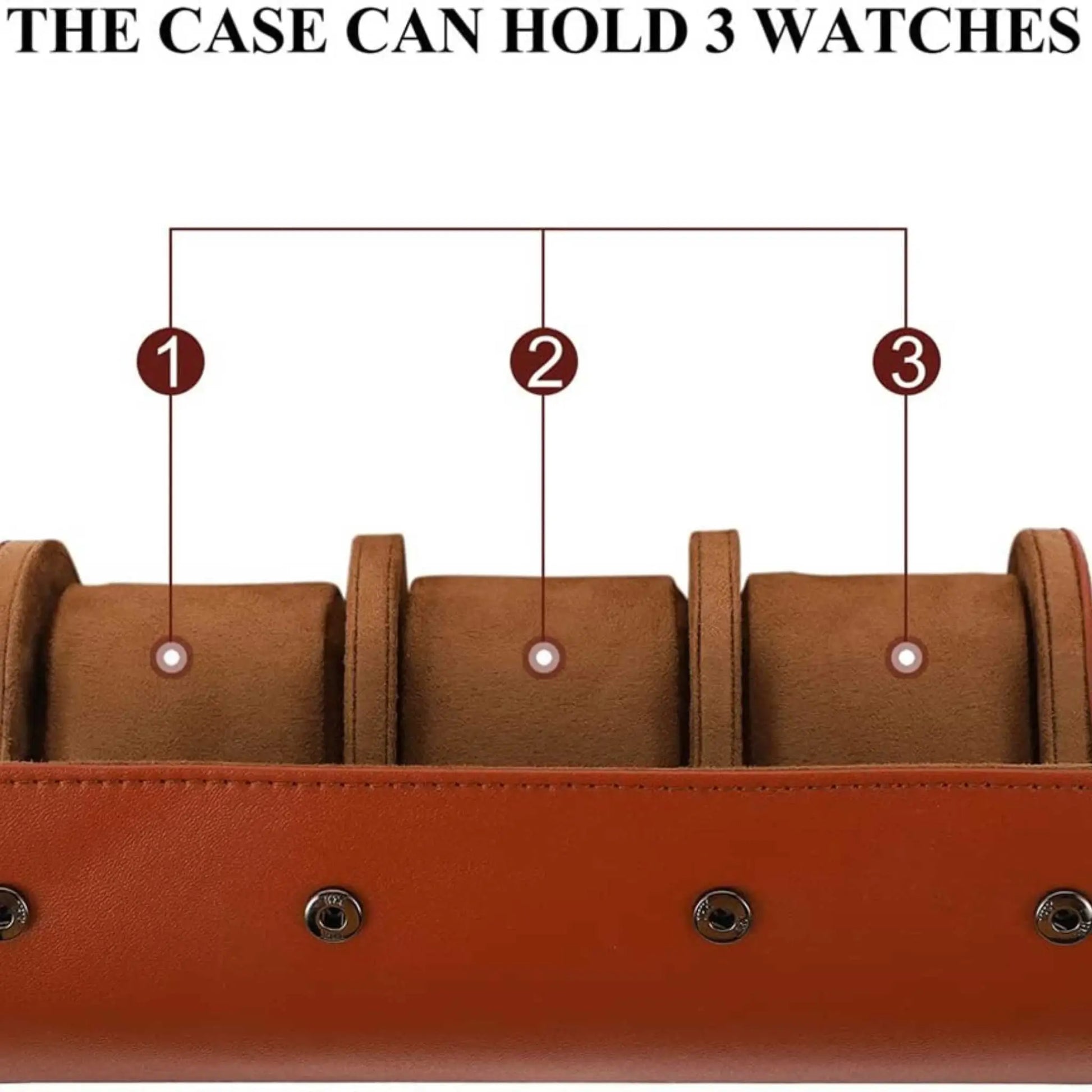 Interior of an open brown watch roll case, highlighting 3 individual cushioned slots for watches.
