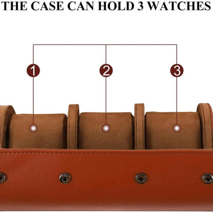 Interior of an open brown watch roll case, highlighting 3 individual cushioned slots for watches.