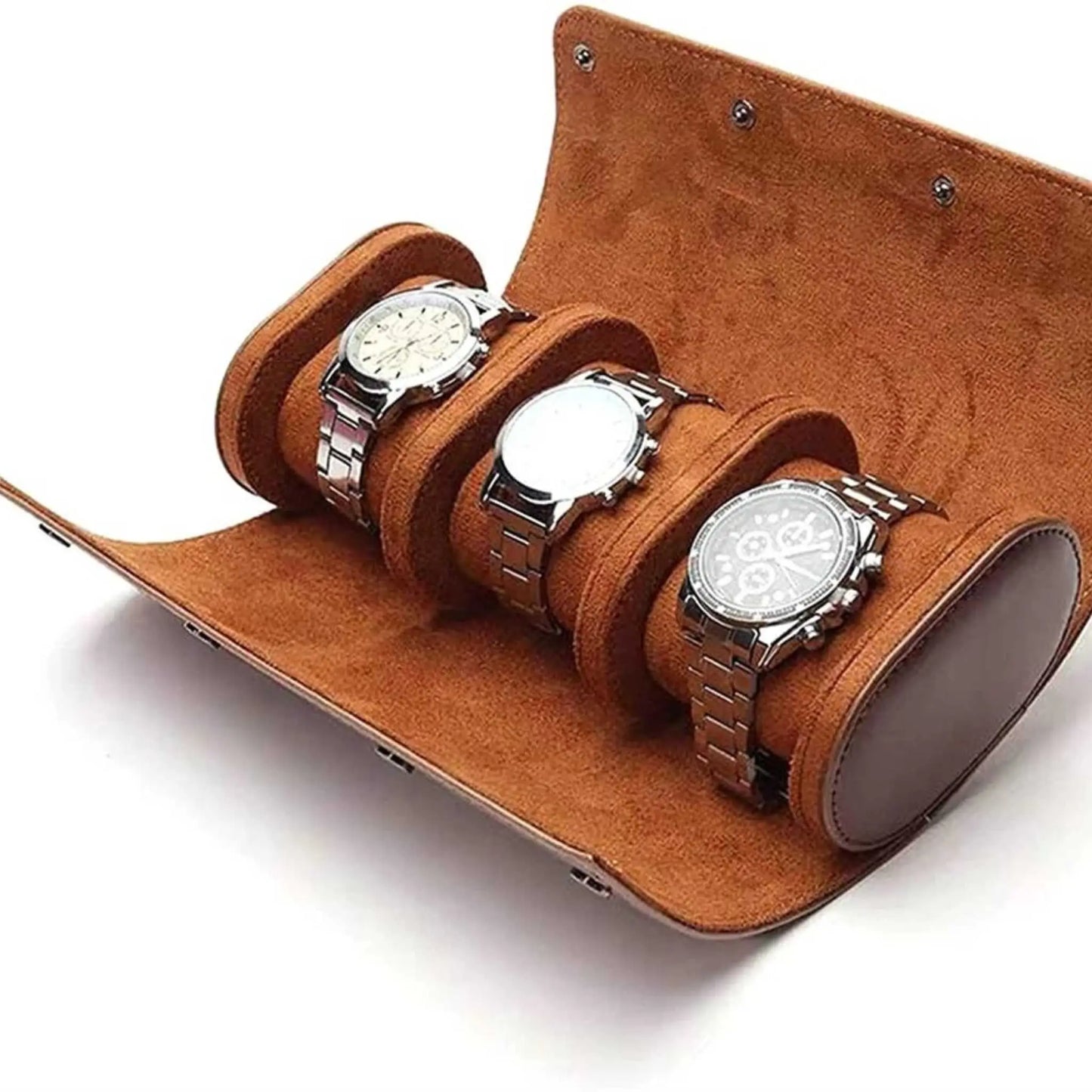 Angled view of open brown leather watch travel case holding 3 silver & stainless steel wristwatches.