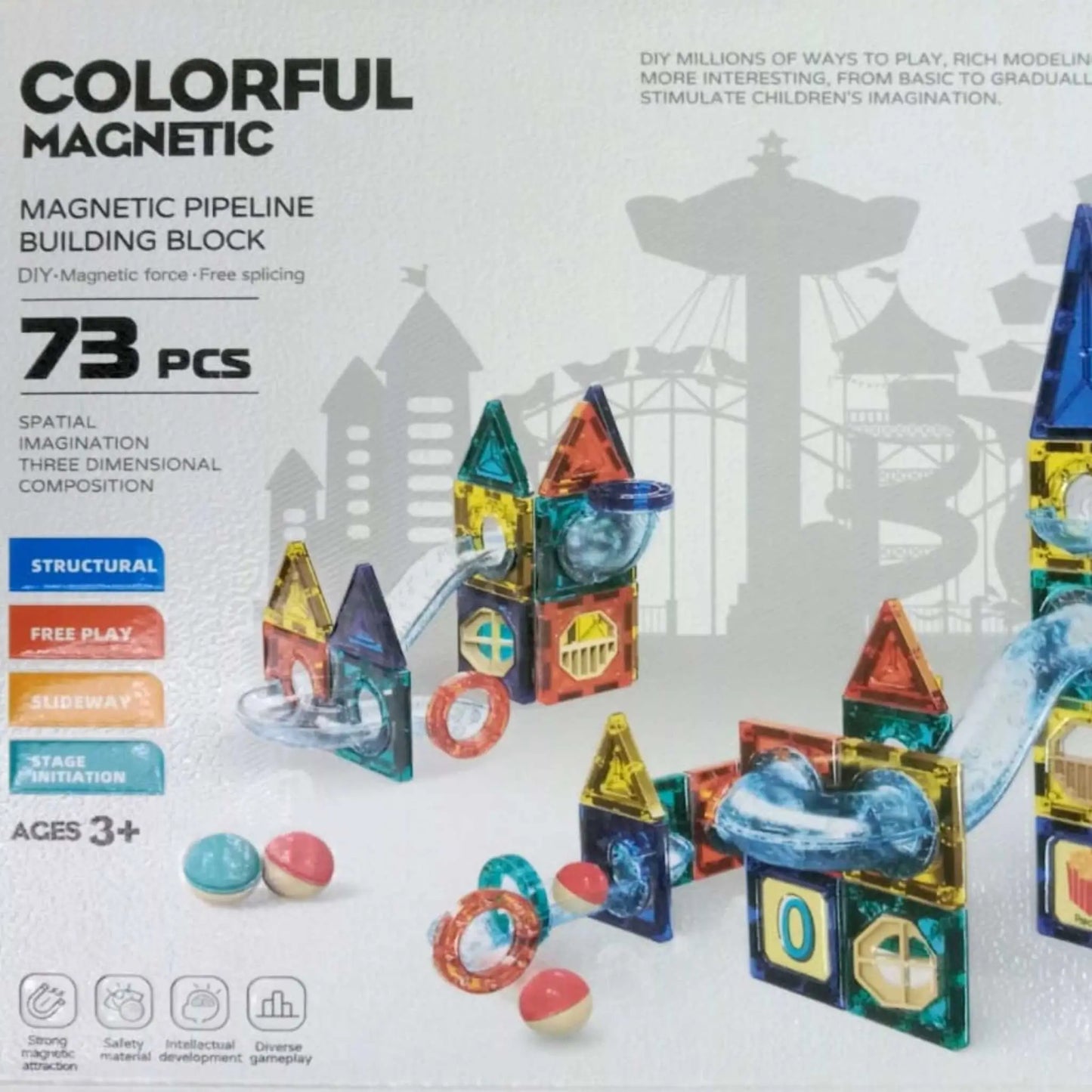 73-piece magnetic tiles building blocks STEM educational toy: Transparent colorful blocks & slides on box art.