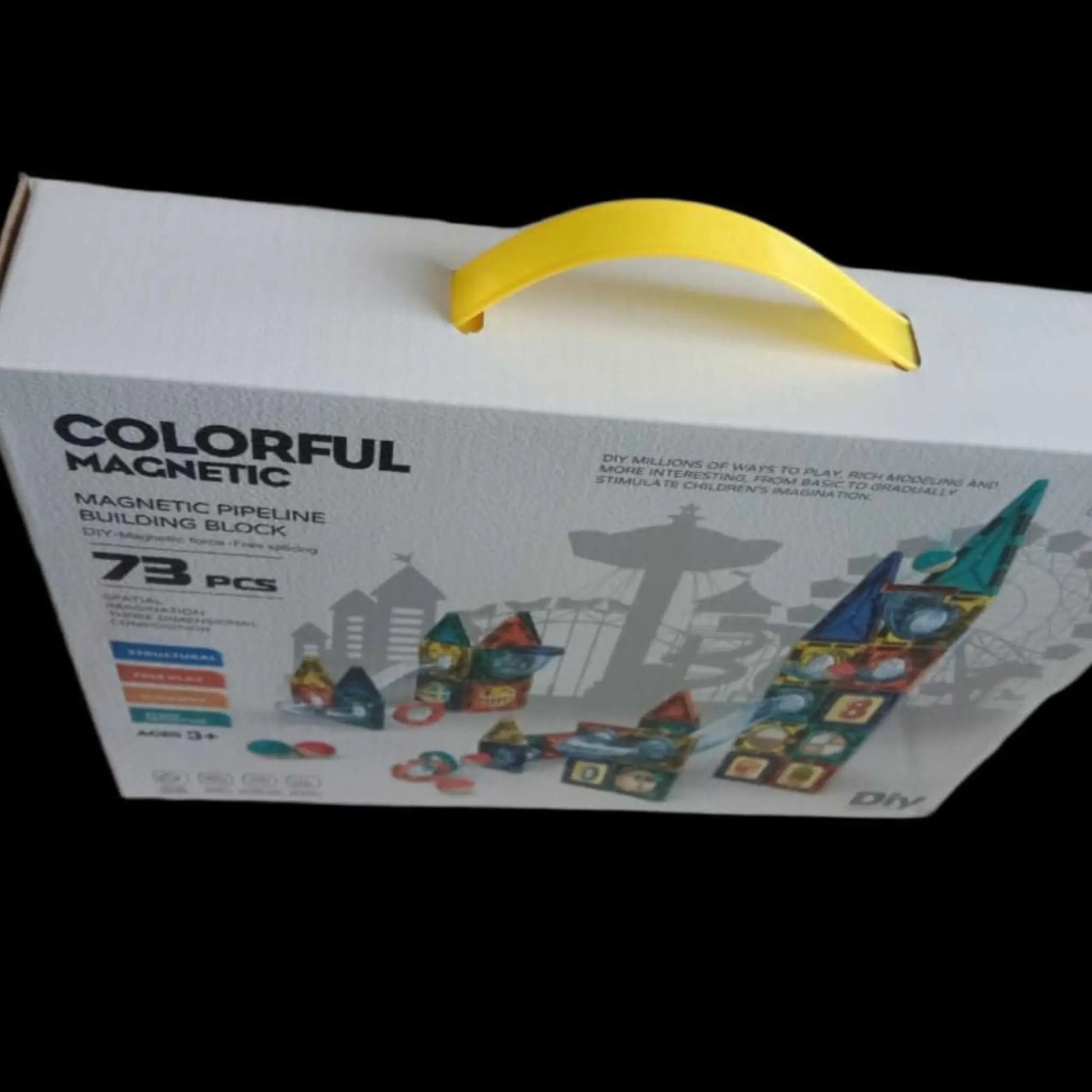 Magnetic tiles toy: White box for 73-piece colorful magnetic pipeline building block STEM set with yellow handle.
