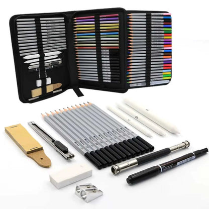 71-piece sketching pencil set for adults in a durable case, featuring drawing pencils, charcoal, and blending tools for art.