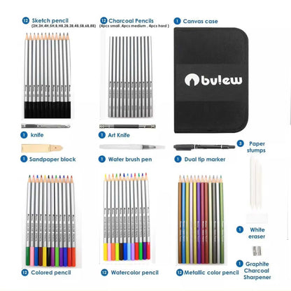 Contents of the best sketching pencils set: drawing pencils, charcoal, and essential art tools for comprehensive sketch drawing.