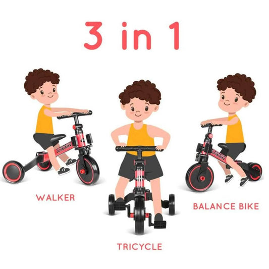 Cartoon illustration of a child using the 3-in-1 bike in its walker, tricycle, and balance bike configurations.