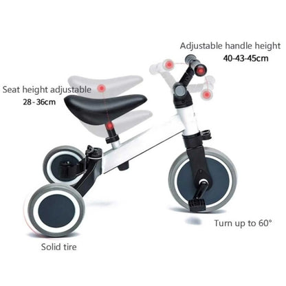 Diagram of the 3-in-1 tricycle showing adjustable seat height, handlebar height, steering angle, and solid tires.