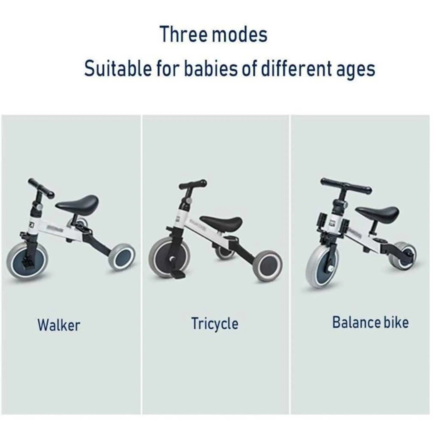 Three panels showing the 3-in-1 toddler bike converted into the Walker, Tricycle, and Balance bike modes.