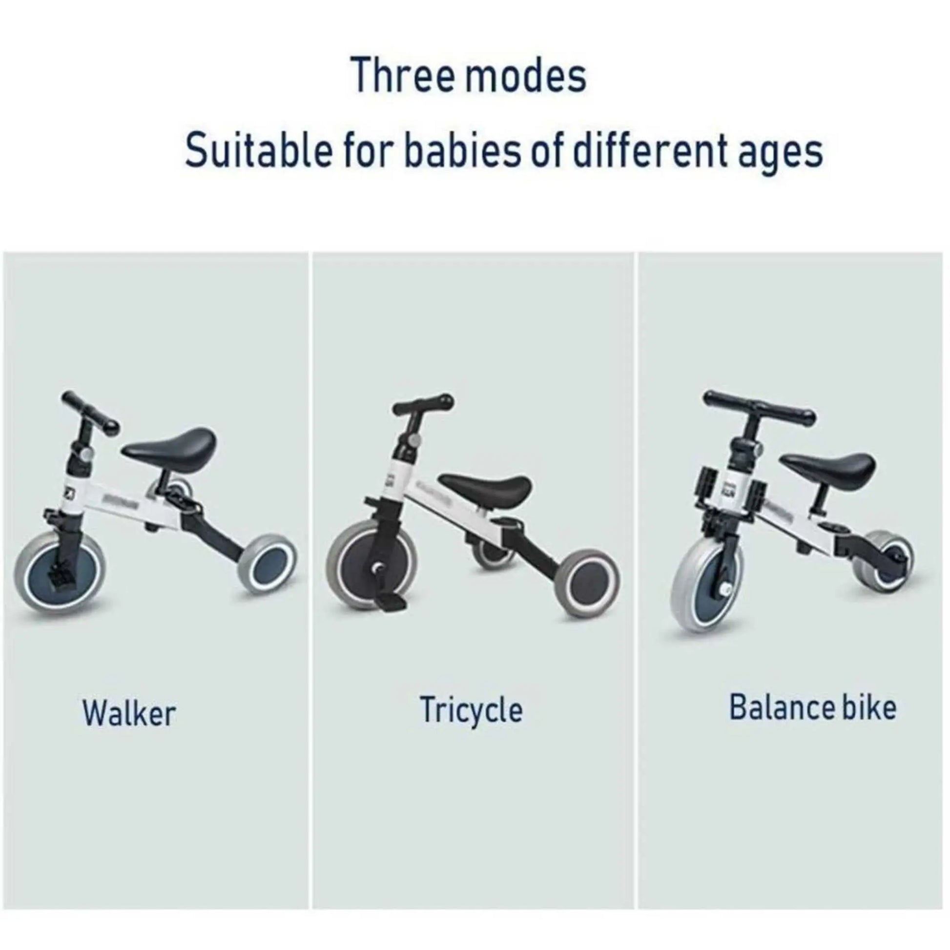 Three panels showing the 3-in-1 toddler bike converted into the Walker, Tricycle, and Balance bike modes.