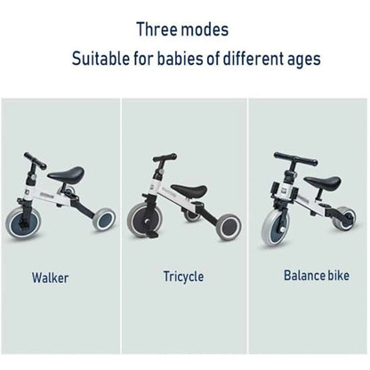 Three panels showing the 3-in-1 toddler bike converted into the Walker, Tricycle, and Balance bike modes.