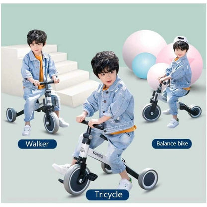 A young boy demonstrating the three different modes of the 3-in-1 bike: Walker, Tricycle, and Balance bike.