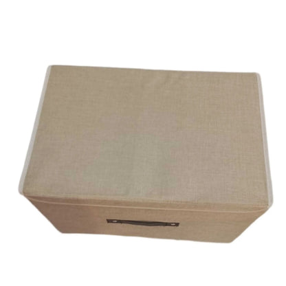 Beige collapsible storage box with handle, perfect for folding storage box needs. Removable lid.