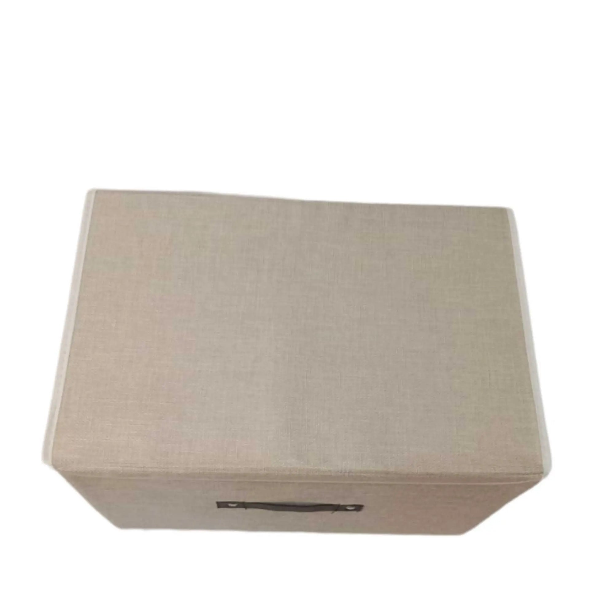 Closed beige foldable storage box, a smart foldable box for clothes and more.